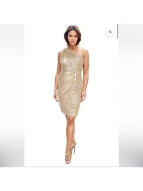 Rene Ruiz Gold Sequin Metallic One Shoulder Cocktail Dress Sz 14 NWT